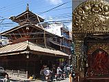Kathmandu 04 04 Nara Devi Temple and Statue Halfway between Chhetrapati and Durbar Square, most tourists pass by the Nara Devi Temple, dedicated to Kali, Shiva's destructive consort. The temple has three tiers, a golden roof and red and white guardian lions. Inside is a colourful statue of what looks like Ganesh.